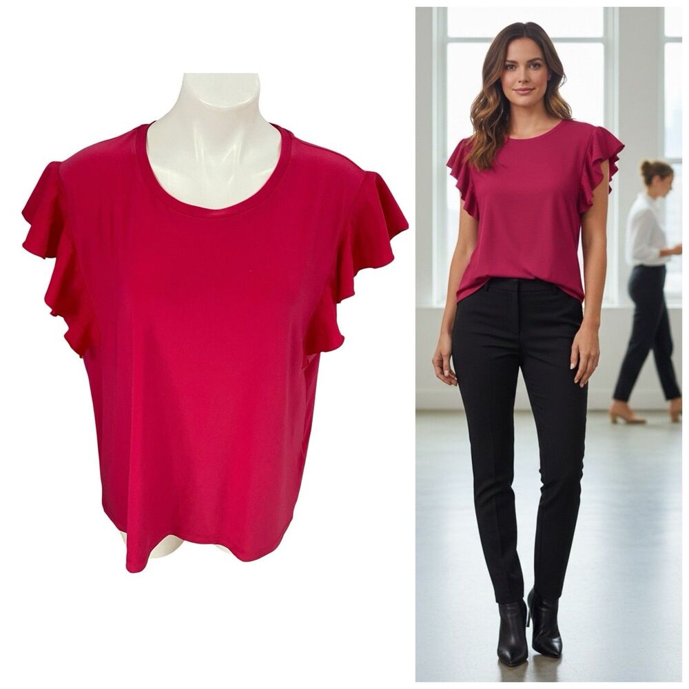 DKNY Top Womens XL Fuschia Pink Flutter Ruffle Sleeve Work Office Casual Barbie